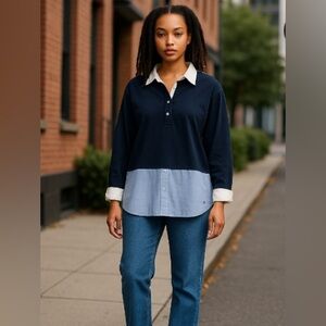 Tommy Hilfiger Half Button Navy Long Sleeve Blouse Top Size - 0X